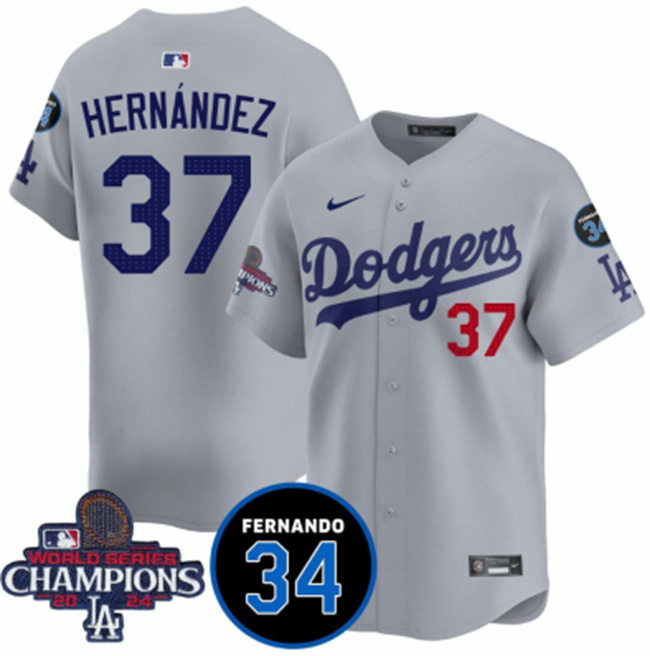 Men's Los Angeles Dodgers #37 Teoscar Hernández Gray 2024 World Series Champions With Fernando Memorial Patch Vapor Premier Limited Stitched Baseball Jersey Men's Los Angeles Dodgers #37 Teoscar Hernández Gray 2024 World Series Champions With Fernando Memorial Patch Vapor Premier Limited Stitched Baseball Jersey